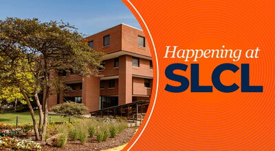 Header for "Happening at SLCL" bulletin featuring a springtime outside view of the Literatures, Cultures & Linguistics Building